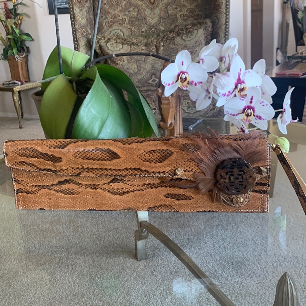 Python Baguette Flap Wristlet Clutch, Feathers & … - image 2